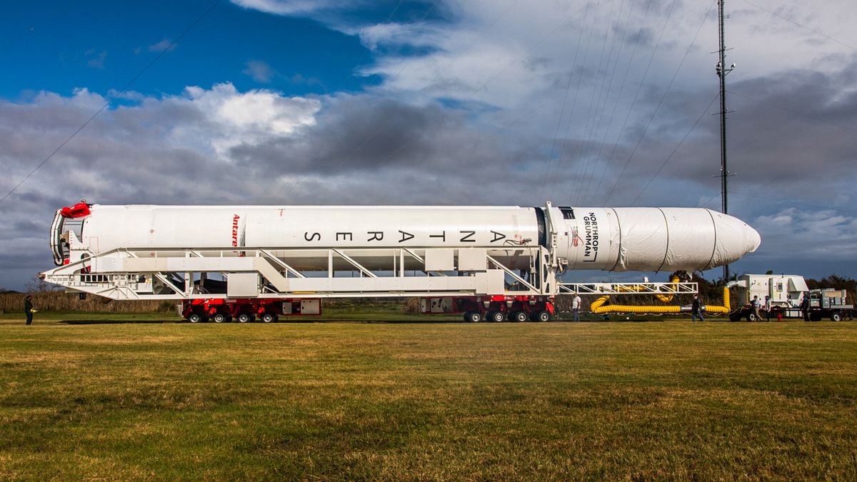 A Northrop Grumman Antares rocket carrying a Cygnus resupply spacecraft is seen as it is transported to the Mid-Atlantic Regional Spaceport at NASA's Wallops Flight Facility in Virginia.