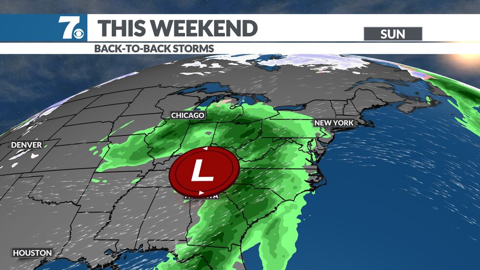 Rain moves into the region late Saturday into Sunday.