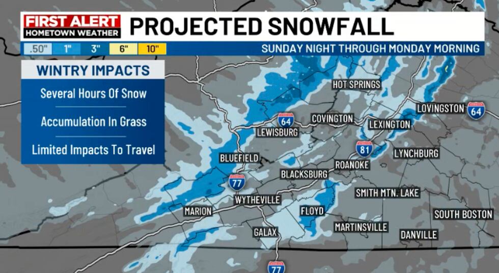 A coating of snow is possible in the grassy areas and higher elevations.