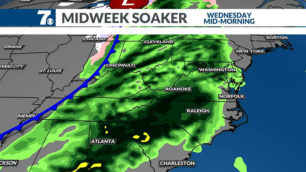 Rain moves into the region Wednesday morning and lasts through much of the day.
