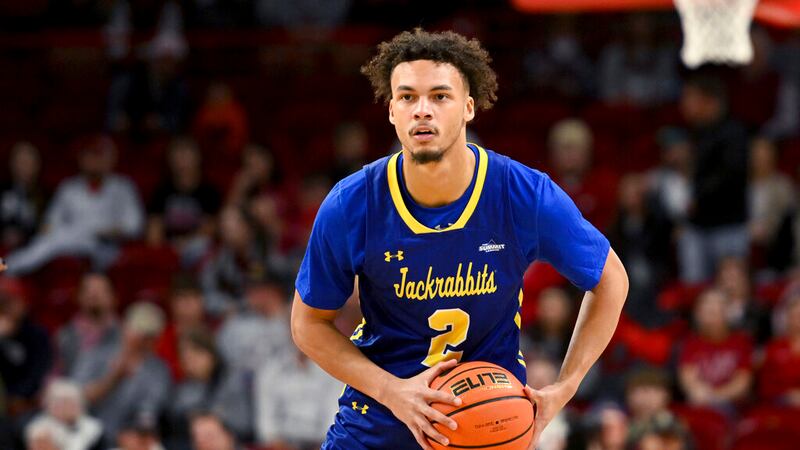 South Dakota State guard Zeke Mayo (2) against Arkansas during an NCAA college basketball game...