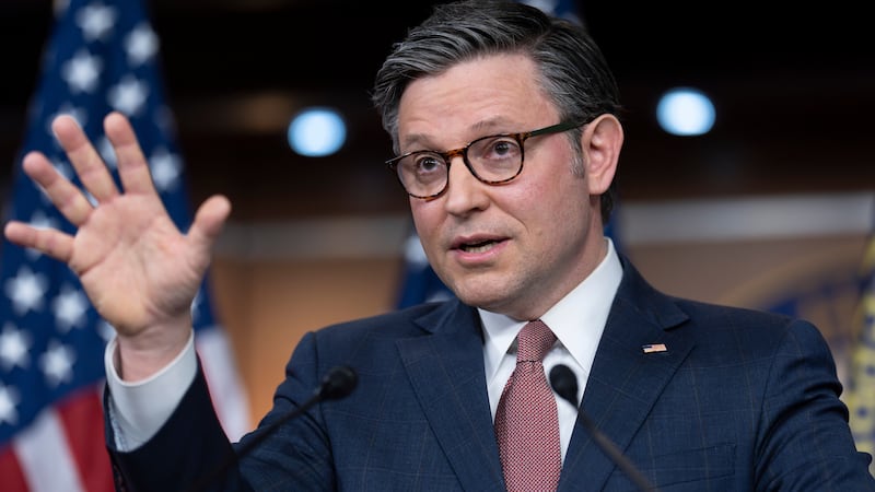 Speaker of the House Mike Johnson, R-La., speaks at the Capitol in Washington, Wednesday,...